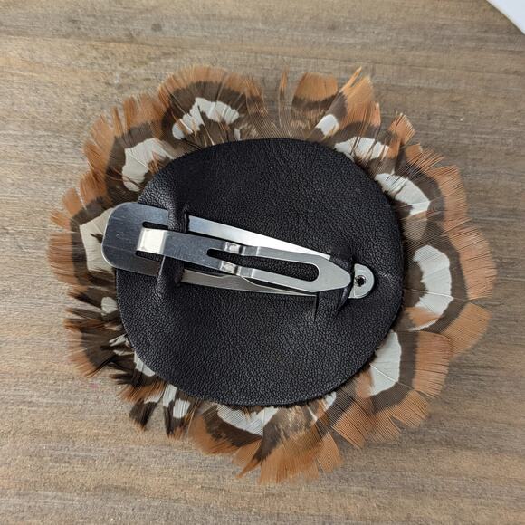Genuine Feather Hair Clip Handmade Brown White Flapper Pheasant Snap Barrette - Picture 2 of 7